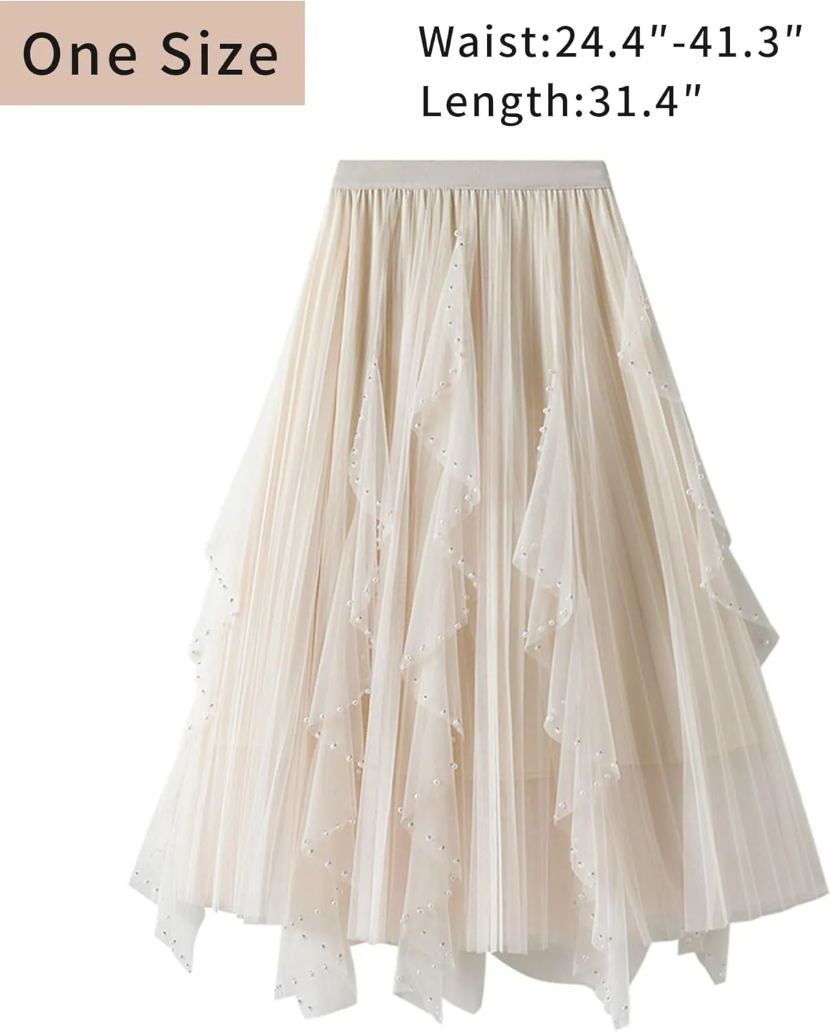 Women's Ruffle Fluffy Mesh Midi Skirt Casual Elastic Waisted A Line Asymmetrical Hem Pleated Layered Skirts