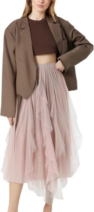 Women's Ruffle Fluffy Mesh Midi Skirt Casual Elastic Waisted A Line Asymmetrical Hem Pleated Layered Skirts