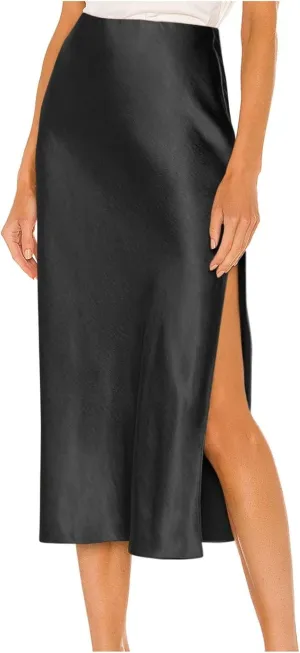 Womens Satin Silk High Waisted Solid Color Slit Midi Skirt Elastic Waist Glossy Office Work Skirt