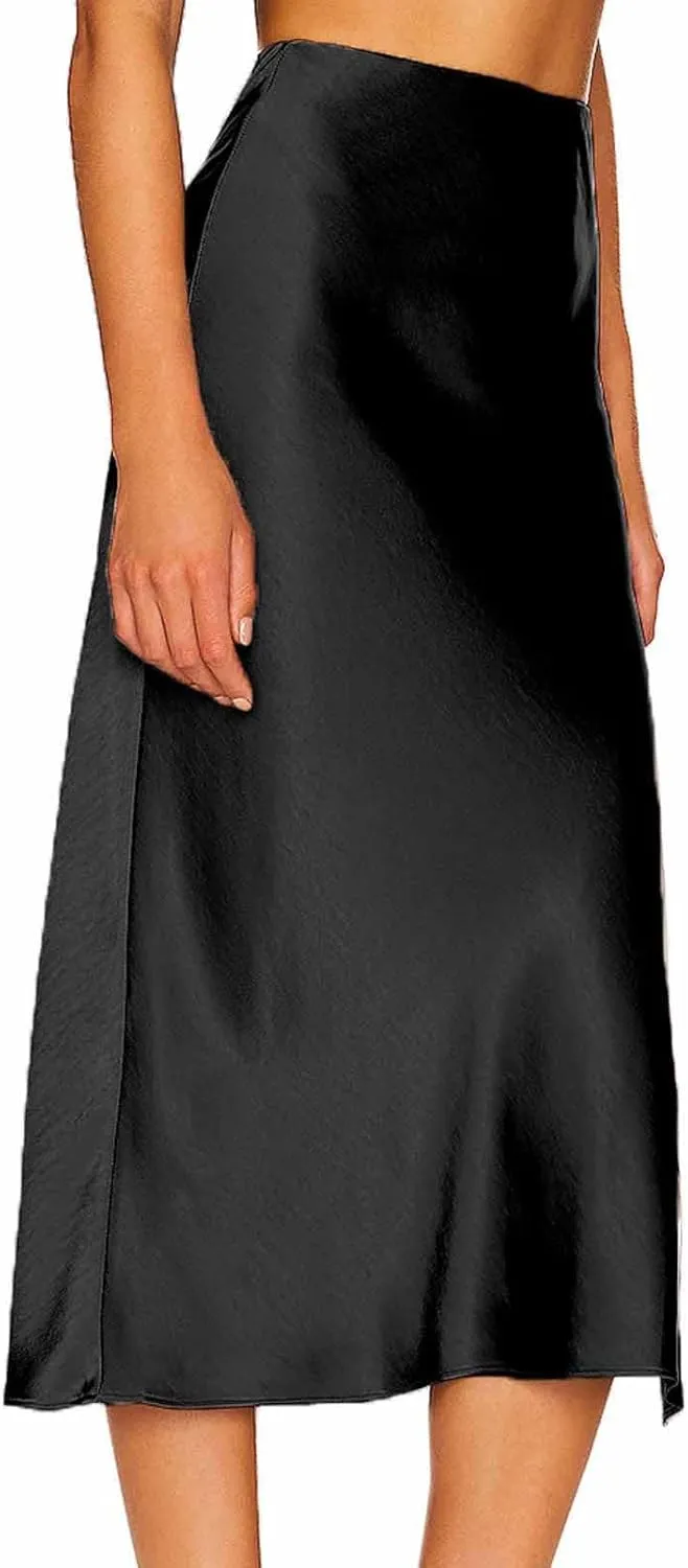Womens Satin Silk High Waisted Solid Color Slit Midi Skirt Elastic Waist Glossy Office Work Skirt