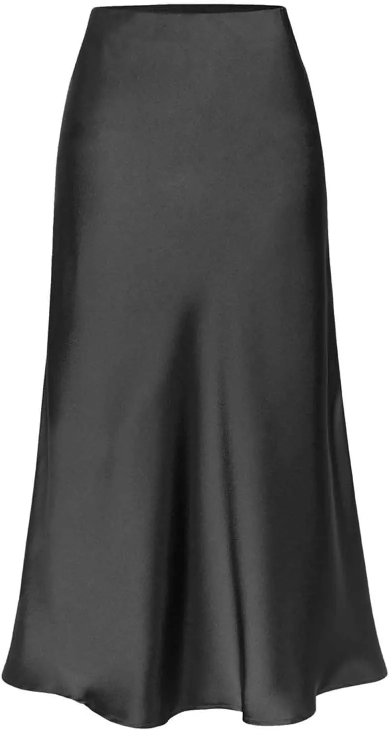 Womens Satin Silk High Waisted Solid Color Slit Midi Skirt Elastic Waist Glossy Office Work Skirt