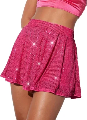 Women's Sequin Glitter High Waisted Skirt Shorts Sparkly A Line Skort Girls Denim Skirt