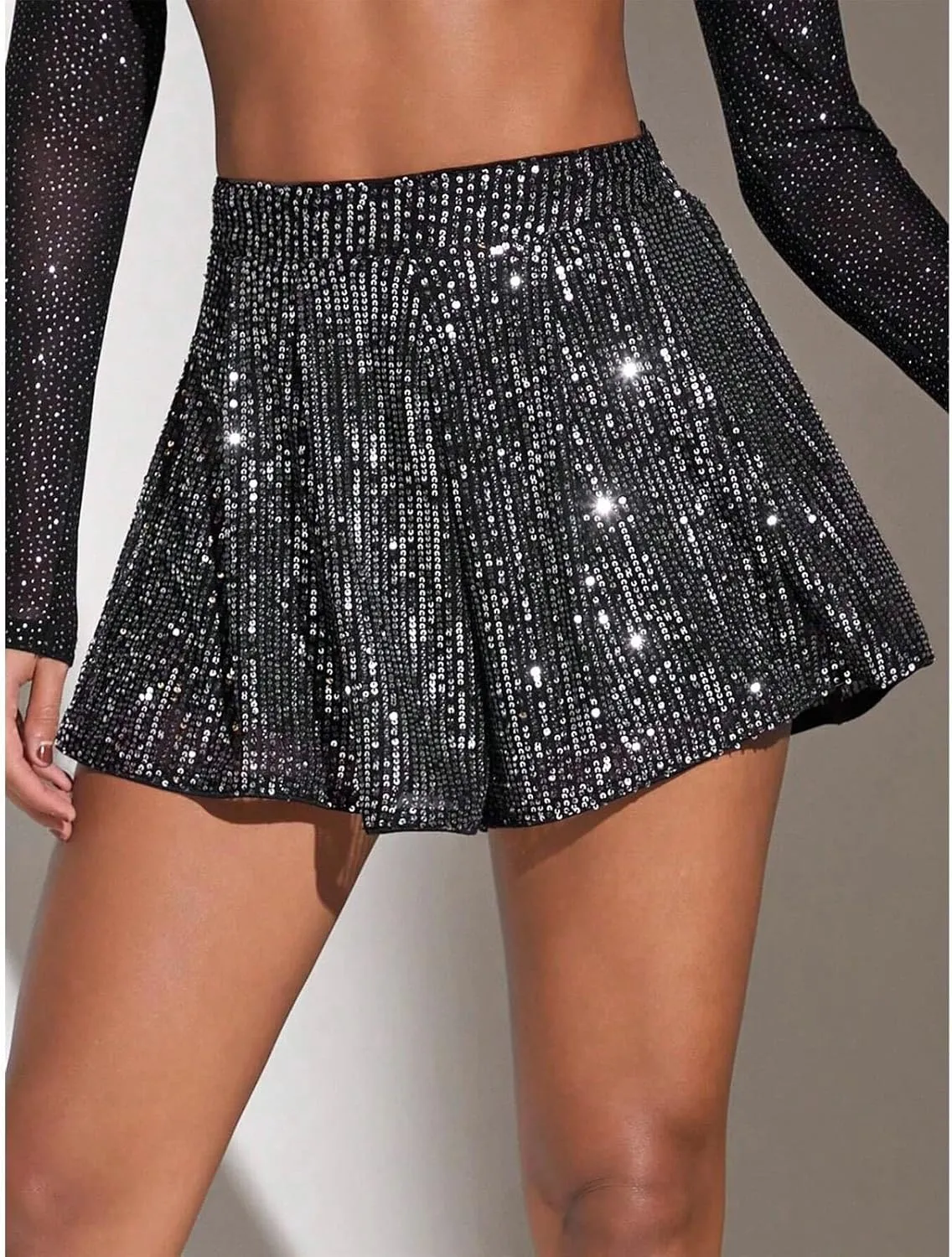Women's Sequin Glitter High Waisted Skirt Shorts Sparkly A Line Skort Girls Denim Skirt