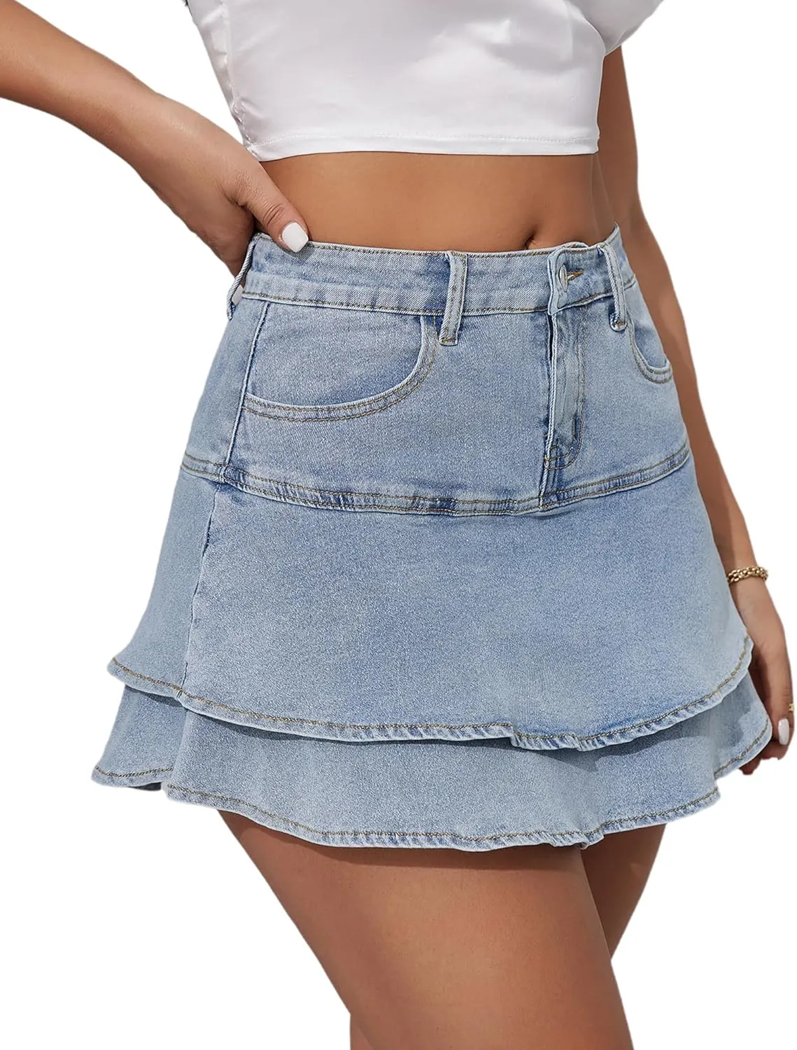Women's Sexy Ruffle Hem High Waisted Mini Jeans Denim Skirt