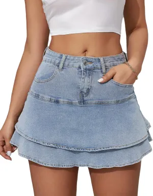 Women's Sexy Ruffle Hem High Waisted Mini Jeans Denim Skirt