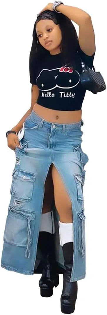 Womens Slit Skirts Vintage Denim Dress High Waisted Multi Pocket Skirts
