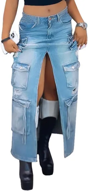 Womens Slit Skirts Vintage Denim Dress High Waisted Multi Pocket Skirts