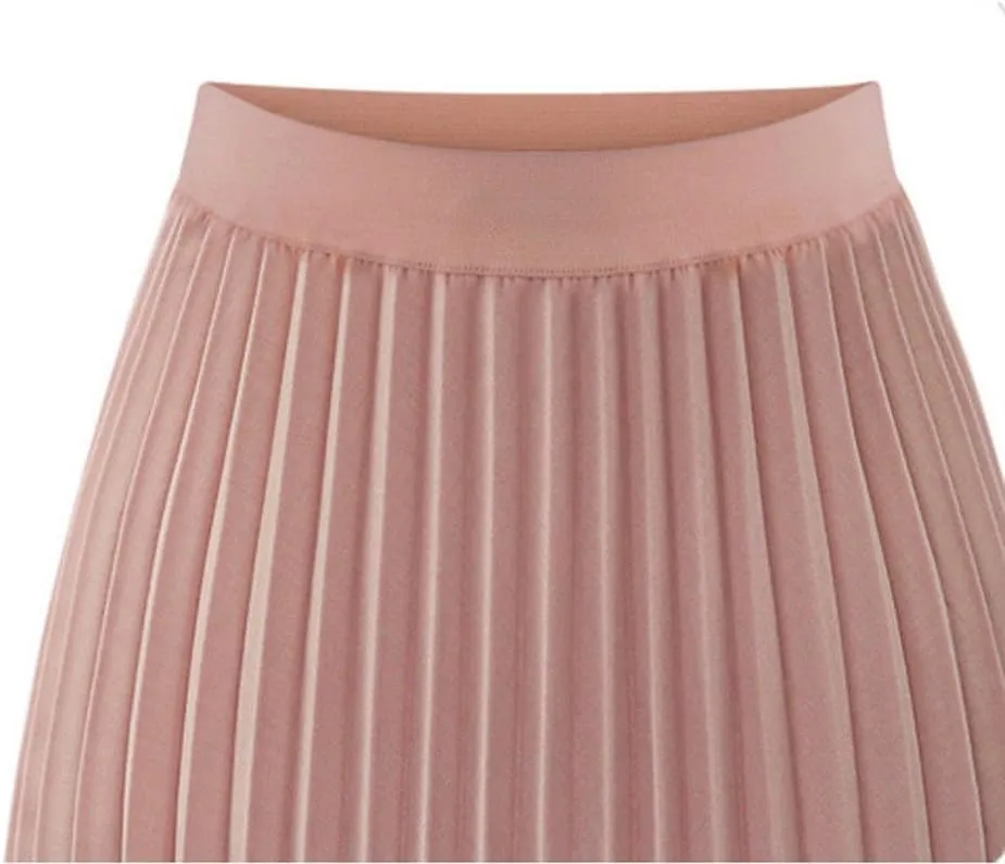 Womens Solid Pleated Elegant Midi Elastic Waist Maxi Skirt
