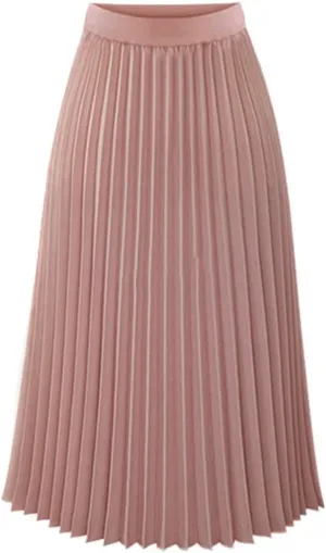 Womens Solid Pleated Elegant Midi Elastic Waist Maxi Skirt