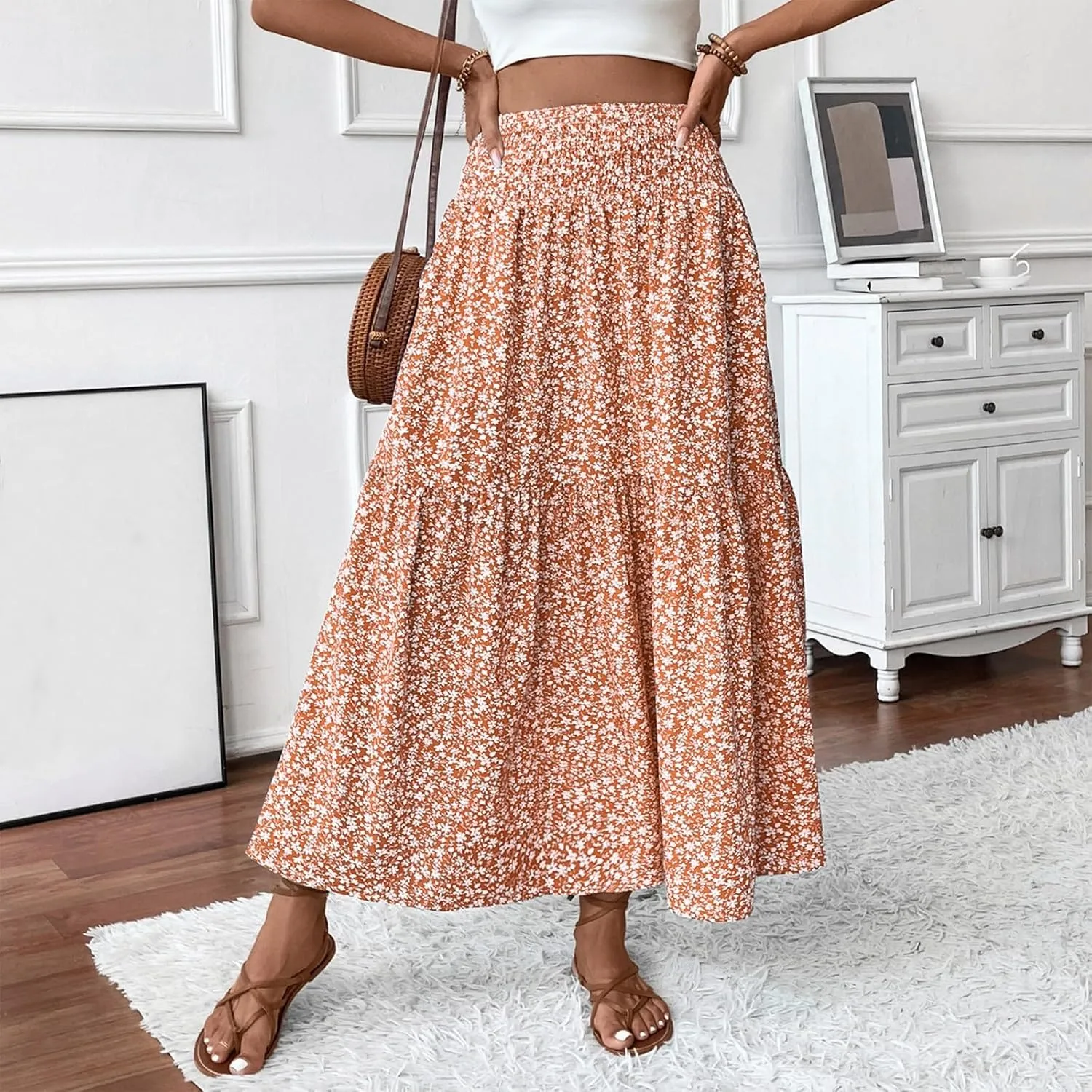 Women's Spring Skirts 2025 Summer Casual Loose Trendy Elastic Waist Floral Printed Bohemian Flowy Skirt, S-XL