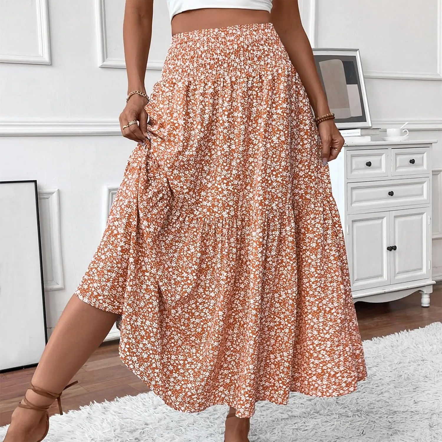 Women's Spring Skirts 2025 Summer Casual Loose Trendy Elastic Waist Floral Printed Bohemian Flowy Skirt, S-XL