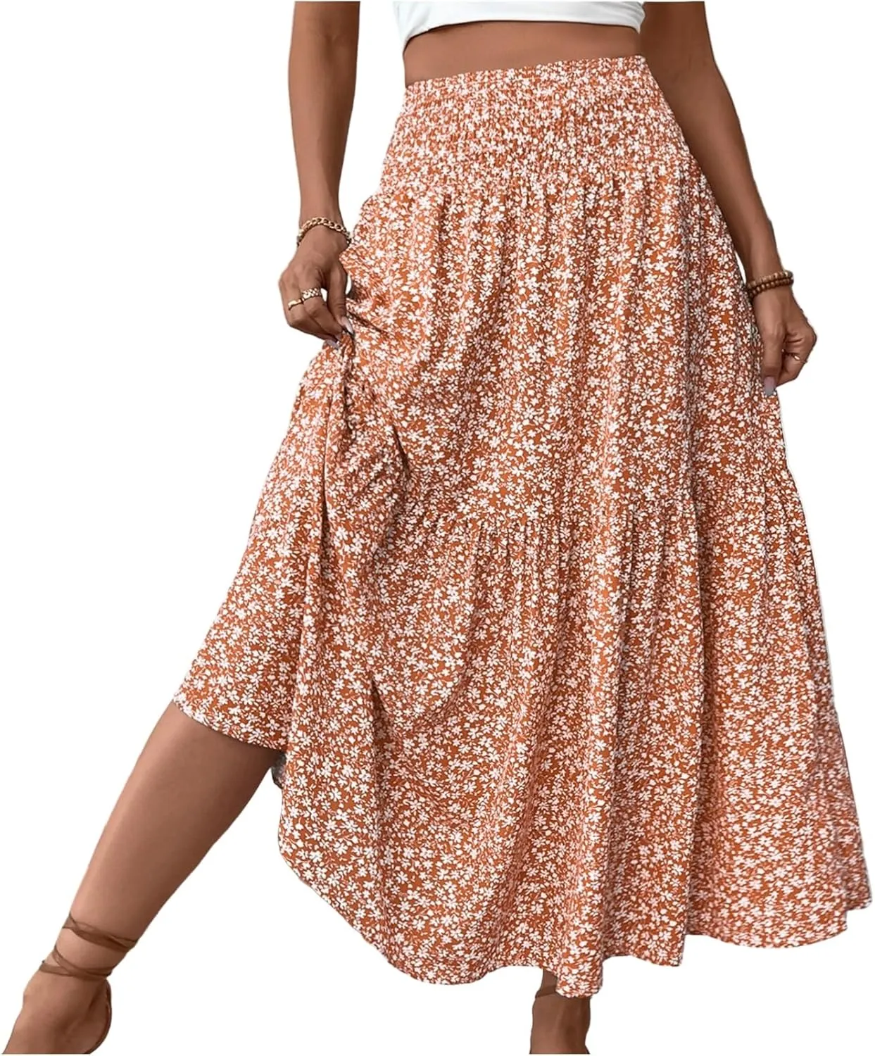Women's Spring Skirts 2025 Summer Casual Loose Trendy Elastic Waist Floral Printed Bohemian Flowy Skirt, S-XL