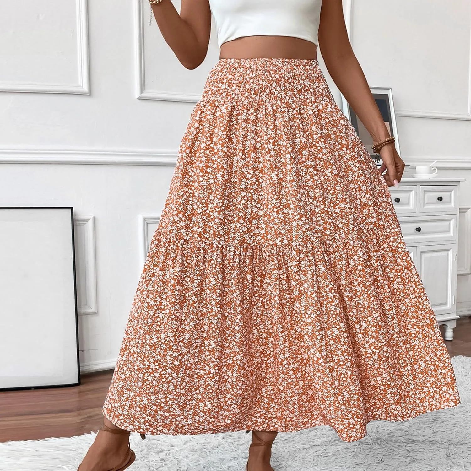 Women's Spring Skirts 2025 Summer Casual Loose Trendy Elastic Waist Floral Printed Bohemian Flowy Skirt, S-XL