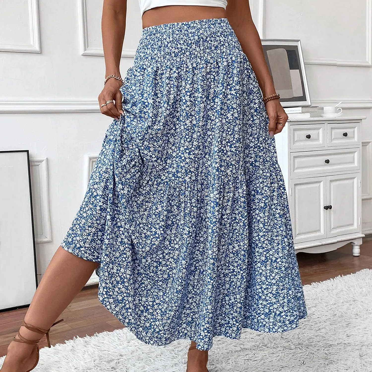 Women's Spring Skirts 2025 Summer Casual Loose Trendy Elastic Waist Floral Printed Bohemian Flowy Skirt, S-XL