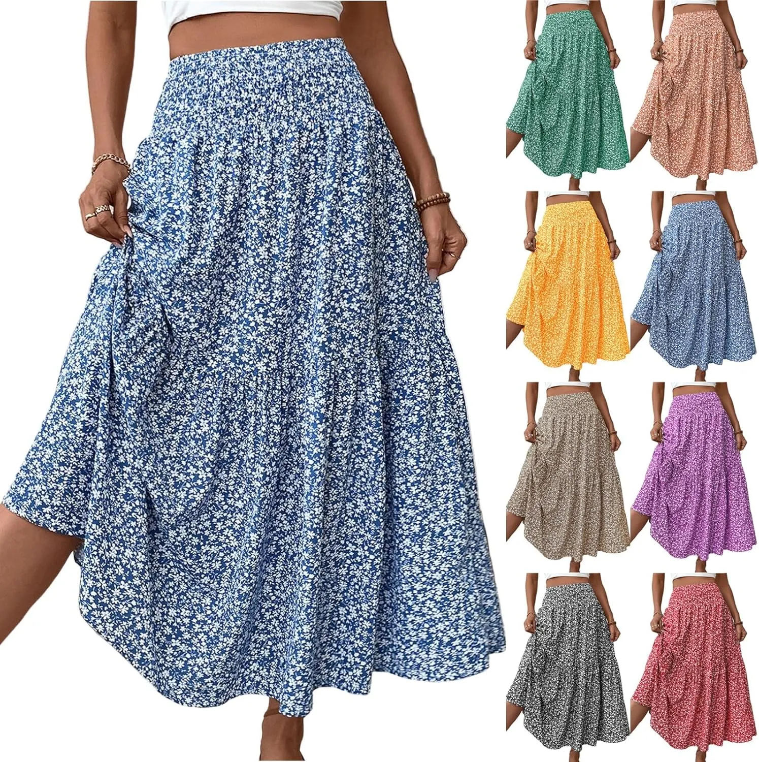 Women's Spring Skirts 2025 Summer Casual Loose Trendy Elastic Waist Floral Printed Bohemian Flowy Skirt, S-XL