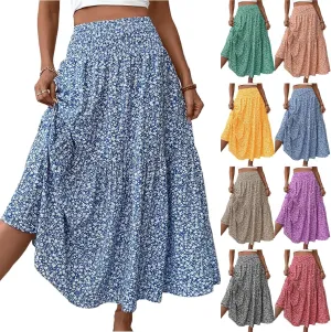 Women's Spring Skirts 2025 Summer Casual Loose Trendy Elastic Waist Floral Printed Bohemian Flowy Skirt, S-XL