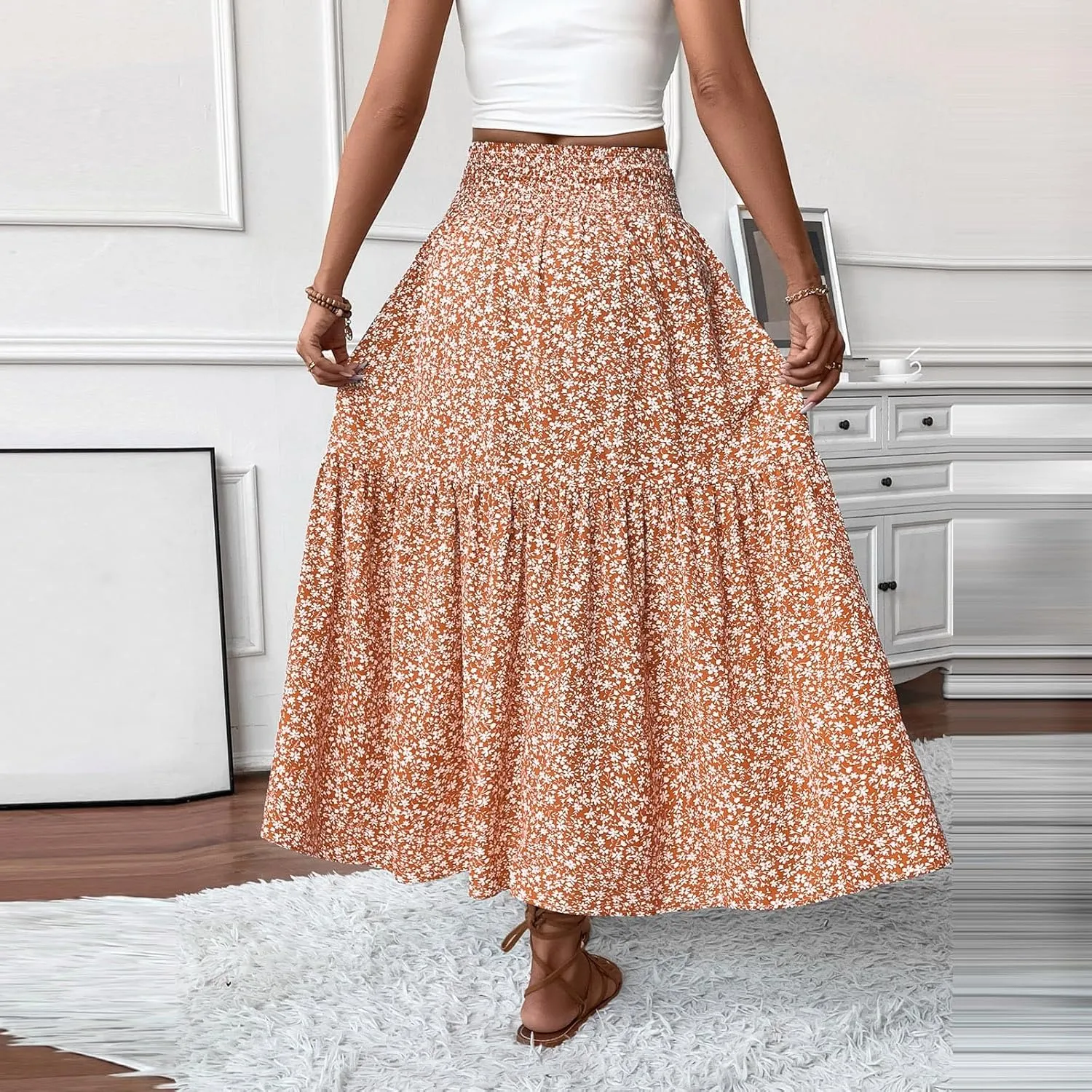 Women's Spring Skirts 2025 Summer Casual Loose Trendy Elastic Waist Floral Printed Bohemian Flowy Skirt, S-XL