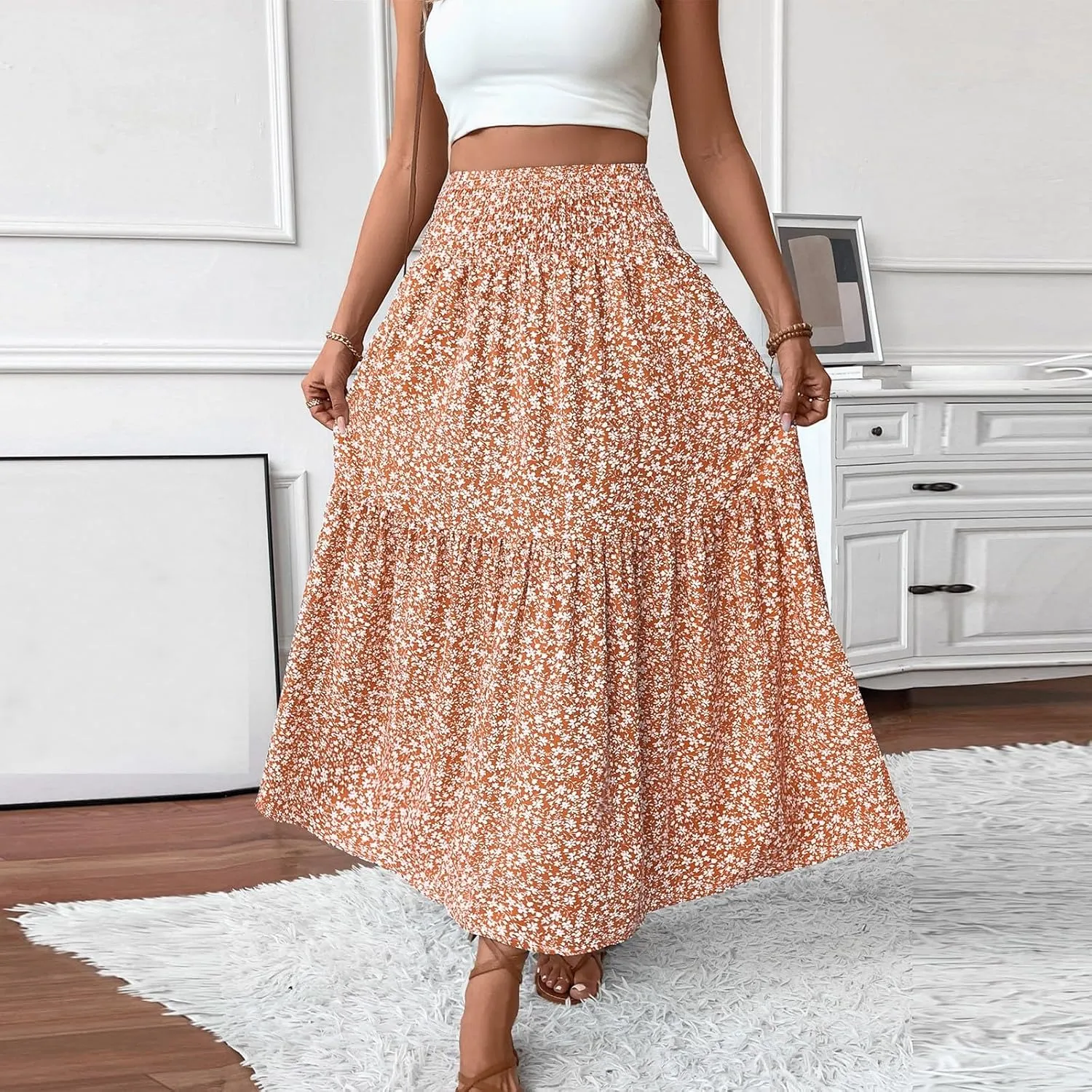 Women's Spring Skirts 2025 Summer Casual Loose Trendy Elastic Waist Floral Printed Bohemian Flowy Skirt, S-XL