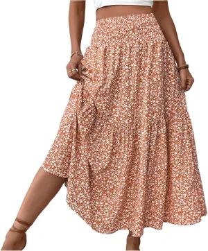 Women's Spring Skirts 2025 Summer Casual Loose Trendy Elastic Waist Floral Printed Bohemian Flowy Skirt, S-XL