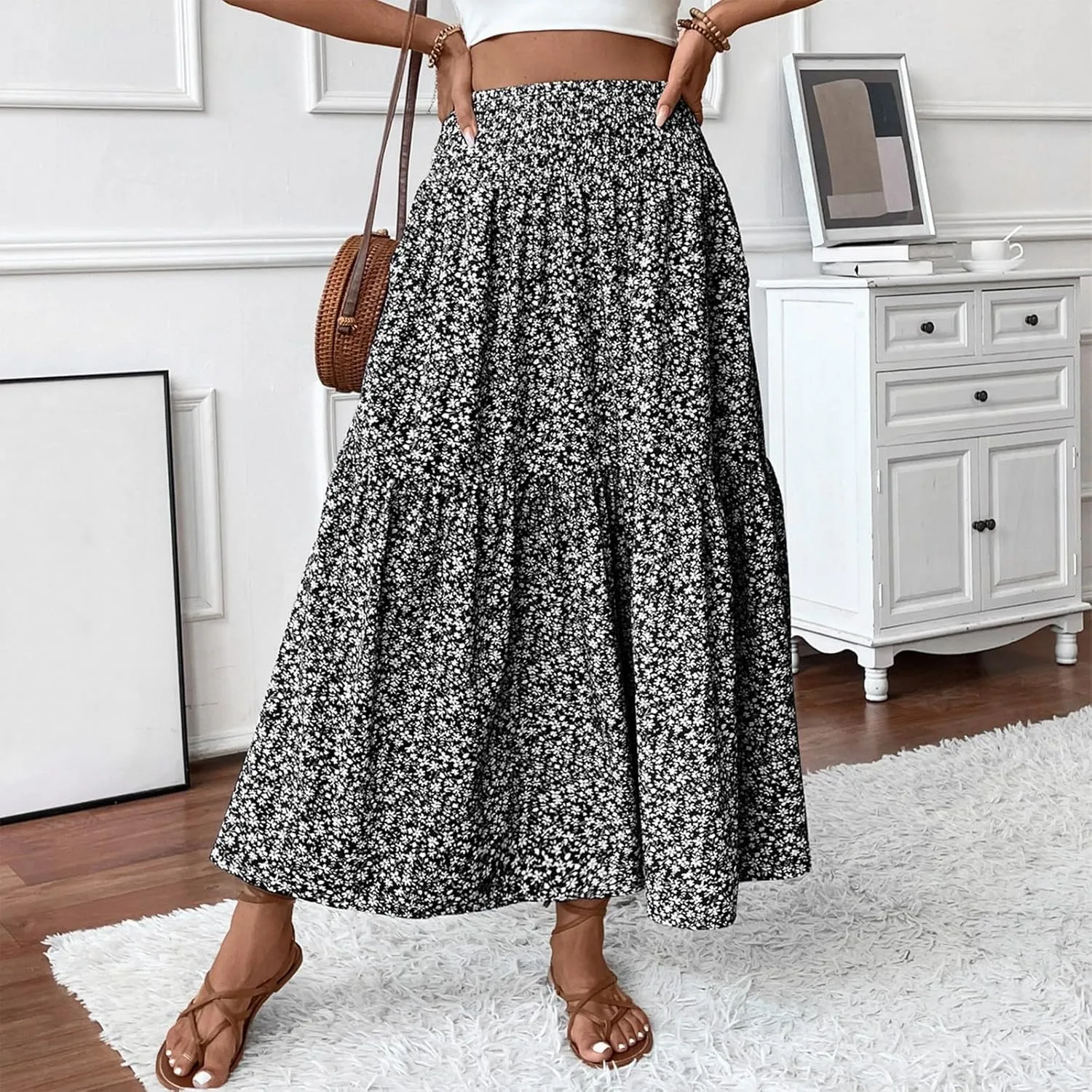 Women's Spring Skirts 2025 Summer Casual Loose Trendy Elastic Waist Floral Printed Bohemian Flowy Skirt, S-XL