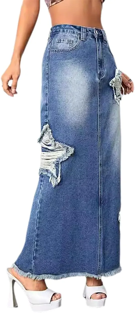 Women's Star Patch Slit Back Long Denim Skirt High Waist Raw Edge Distressed Ankle Length Maxi Jean Skirts