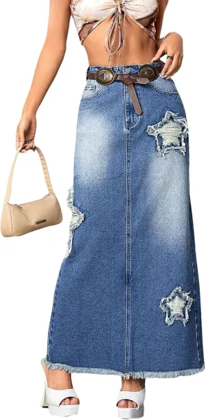 Women's Star Patch Slit Back Long Denim Skirt High Waist Raw Edge Distressed Ankle Length Maxi Jean Skirts