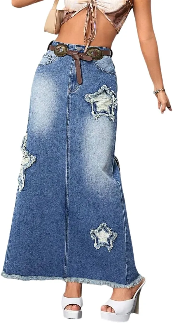 Women's Star Patch Slit Back Long Denim Skirt High Waist Raw Edge Distressed Ankle Length Maxi Jean Skirts
