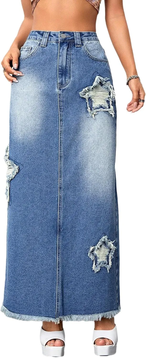 Women's Star Patch Slit Back Long Denim Skirt High Waist Raw Edge Distressed Ankle Length Maxi Jean Skirts