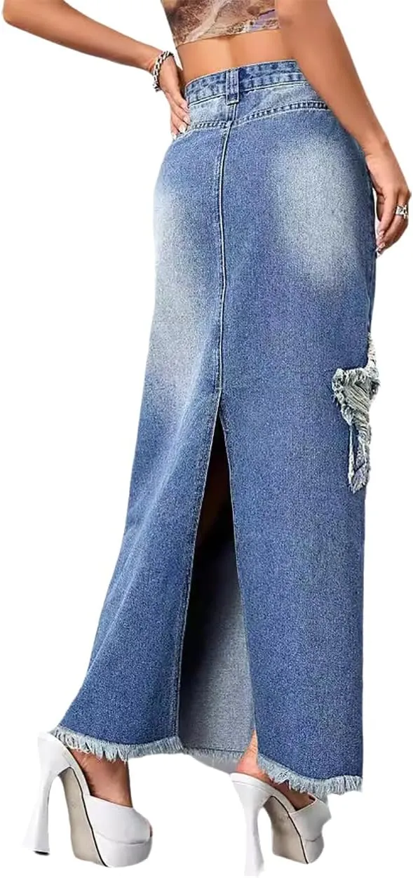 Women's Star Patch Slit Back Long Denim Skirt High Waist Raw Edge Distressed Ankle Length Maxi Jean Skirts