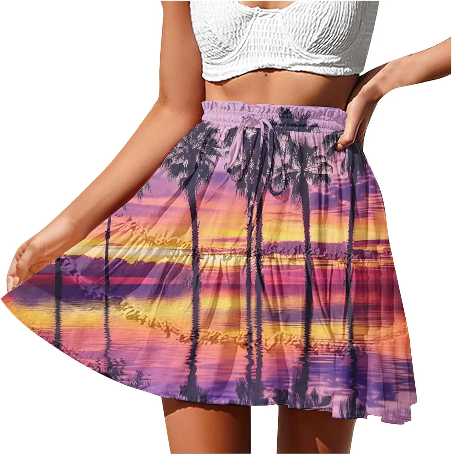 Womens Summer 2024 Tulle Long Skirts Irregular Hem High Waist Skirt Pleated Printed Mesh Midi Skirts for Ladies