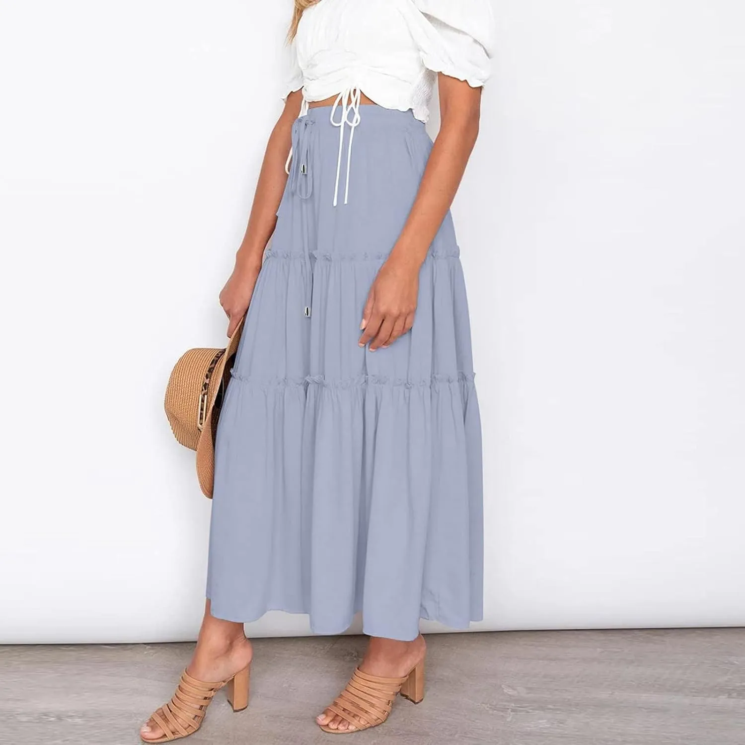 Womens Summer Boho Maxi Skirt A-Line Flowy Ruffle Trendy Drawstring Elastic High Waist Pleated Beach Long Skirts