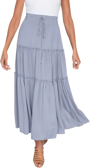 Womens Summer Boho Maxi Skirt A-Line Flowy Ruffle Trendy Drawstring Elastic High Waist Pleated Beach Long Skirts