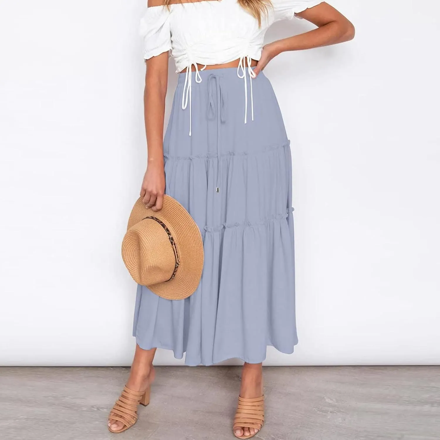 Womens Summer Boho Maxi Skirt A-Line Flowy Ruffle Trendy Drawstring Elastic High Waist Pleated Beach Long Skirts
