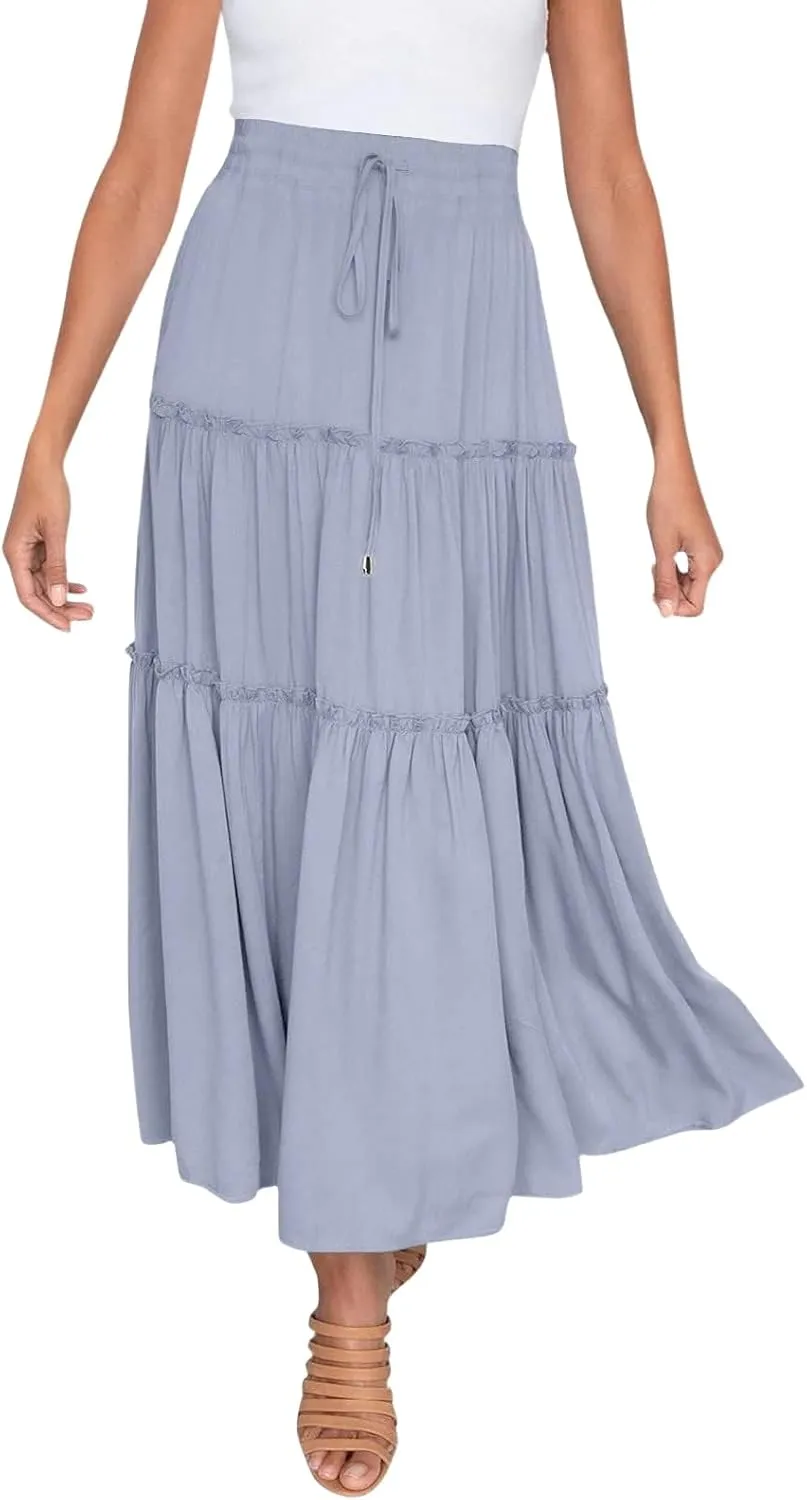 Womens Summer Boho Maxi Skirt A-Line Flowy Ruffle Trendy Drawstring Elastic High Waist Pleated Beach Long Skirts