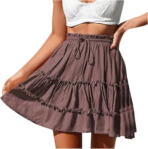 Women's Summer Boho Mini Skirt 2025 Elastic High Waist Drawstring Tiered Skirts Solid Color Pleated Beach Skirt