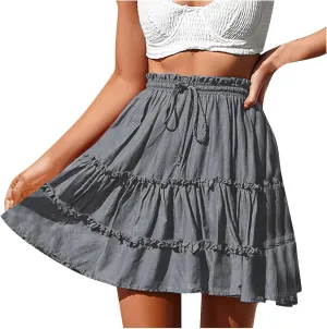 Women's Summer Boho Mini Skirt 2025 Elastic High Waist Drawstring Tiered Skirts Solid Color Pleated Beach Skirt