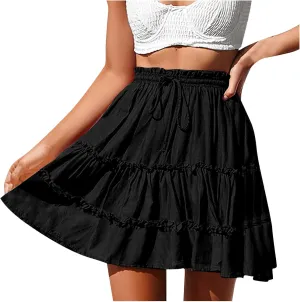 Women's Summer Boho Mini Skirt 2025 Elastic High Waist Drawstring Tiered Skirts Solid Color Pleated Beach Skirt