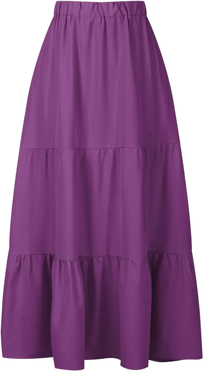 Womens Summer Casual Beach Skirts Elastic Waist Pleated A-Line Flowy Skirt with Pocket Basic Solid Midi Skirt