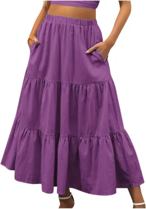 Womens Summer Casual Beach Skirts Elastic Waist Pleated A-Line Flowy Skirt with Pocket Basic Solid Midi Skirt