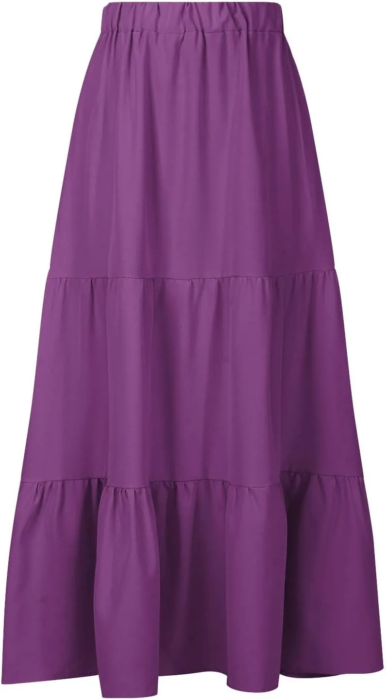 Womens Summer Casual Beach Skirts Elastic Waist Pleated A-Line Flowy Skirt with Pocket Basic Solid Midi Skirt