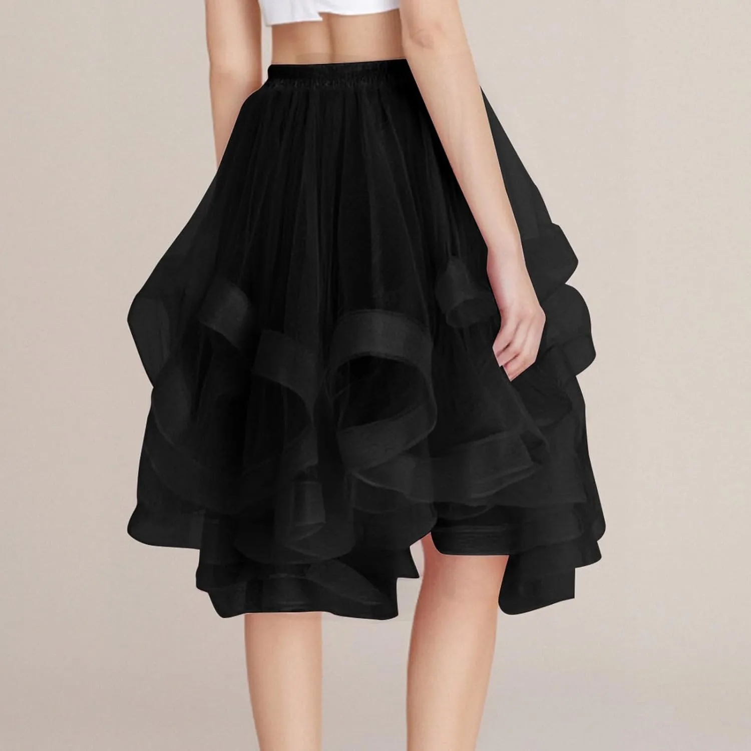 Women's Summer Casual Loose Trendy Elastic High Waist Solid Color Fluffy Mesh Party Latin Dance Flowy Skirts, S-XL