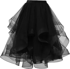 Women's Summer Casual Loose Trendy Elastic High Waist Solid Color Fluffy Mesh Party Latin Dance Flowy Skirts, S-XL