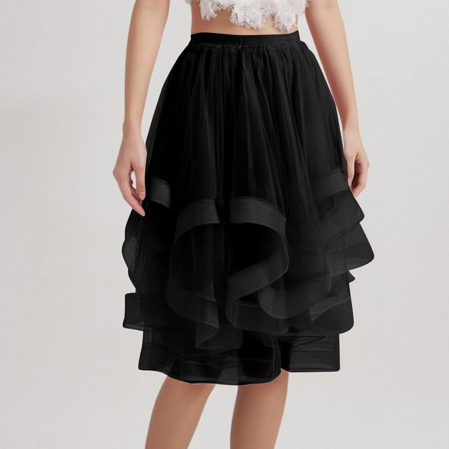 Women's Summer Casual Loose Trendy Elastic High Waist Solid Color Fluffy Mesh Party Latin Dance Flowy Skirts, S-XL
