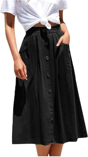 Women's Summer Casual Maxi Skirt Button High Waist Solid Pleated Tiered Skirts