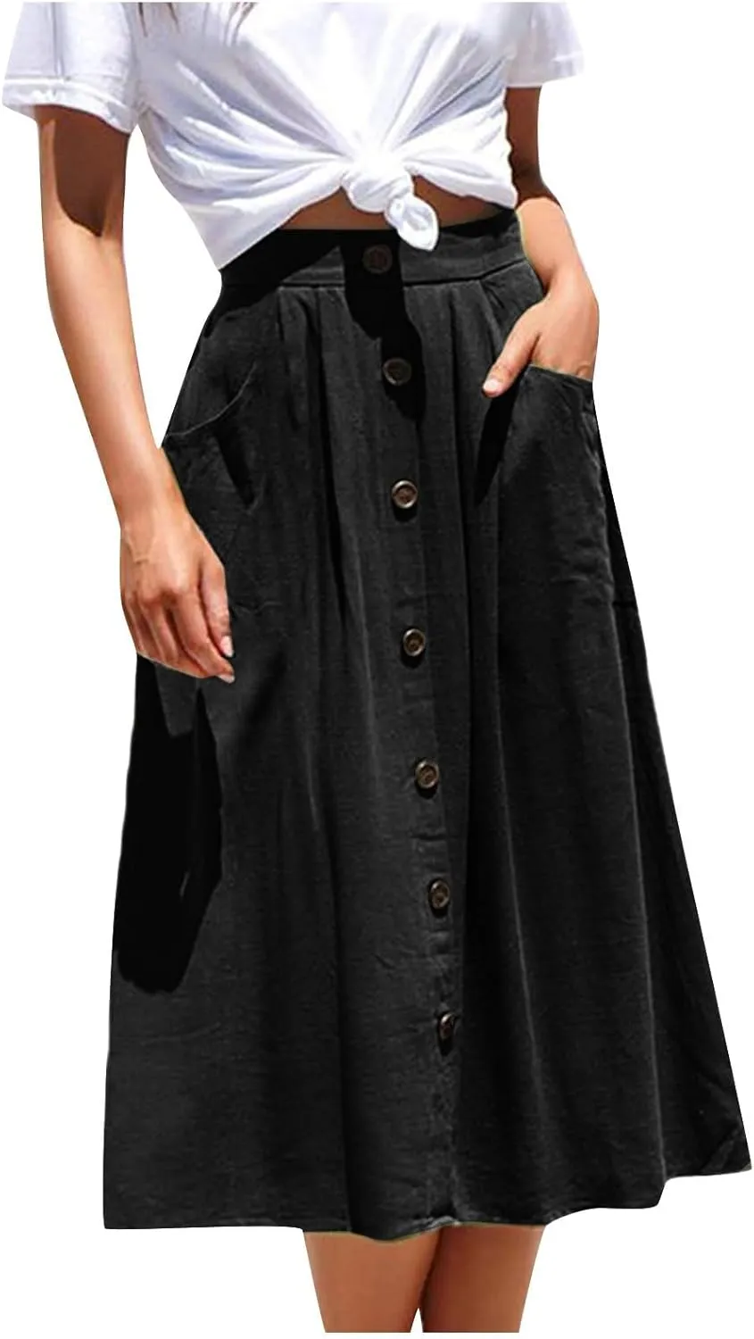 Women's Summer Casual Maxi Skirt Button High Waist Solid Pleated Tiered Skirts