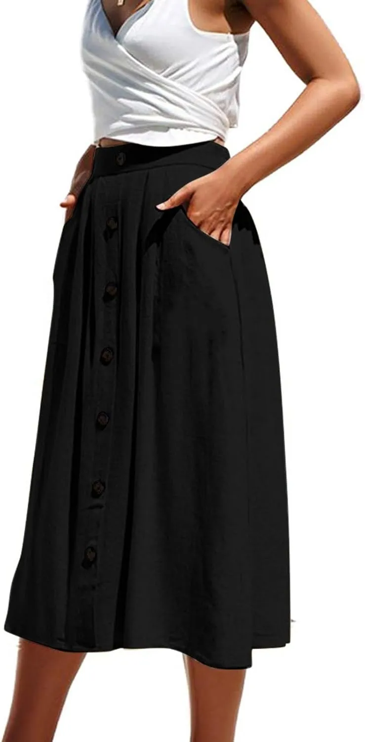 Women's Summer Casual Maxi Skirt Button High Waist Solid Pleated Tiered Skirts