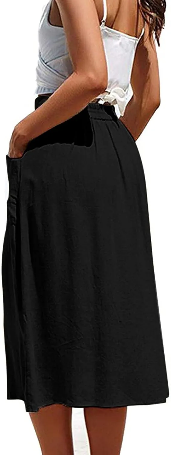 Women's Summer Casual Maxi Skirt Button High Waist Solid Pleated Tiered Skirts