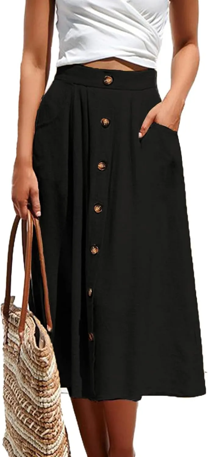 Women's Summer Casual Maxi Skirt Button High Waist Solid Pleated Tiered Skirts