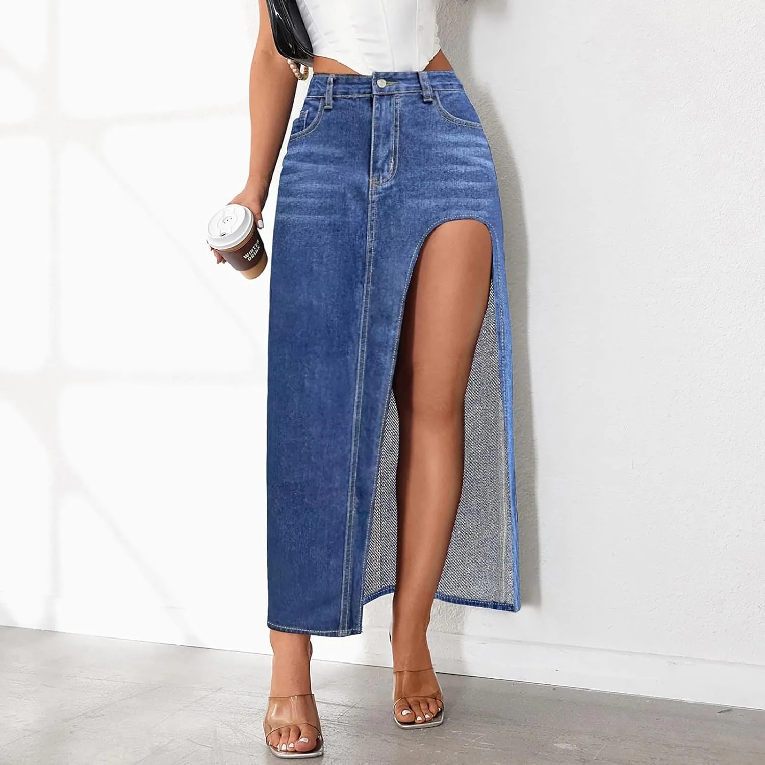 Women's Summer Casual Midi Denim Skirt High Waist Solid Split Skirts