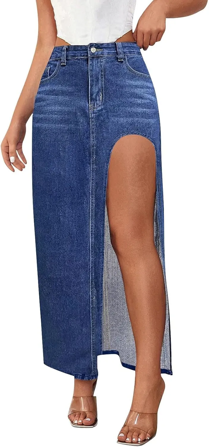 Women's Summer Casual Midi Denim Skirt High Waist Solid Split Skirts